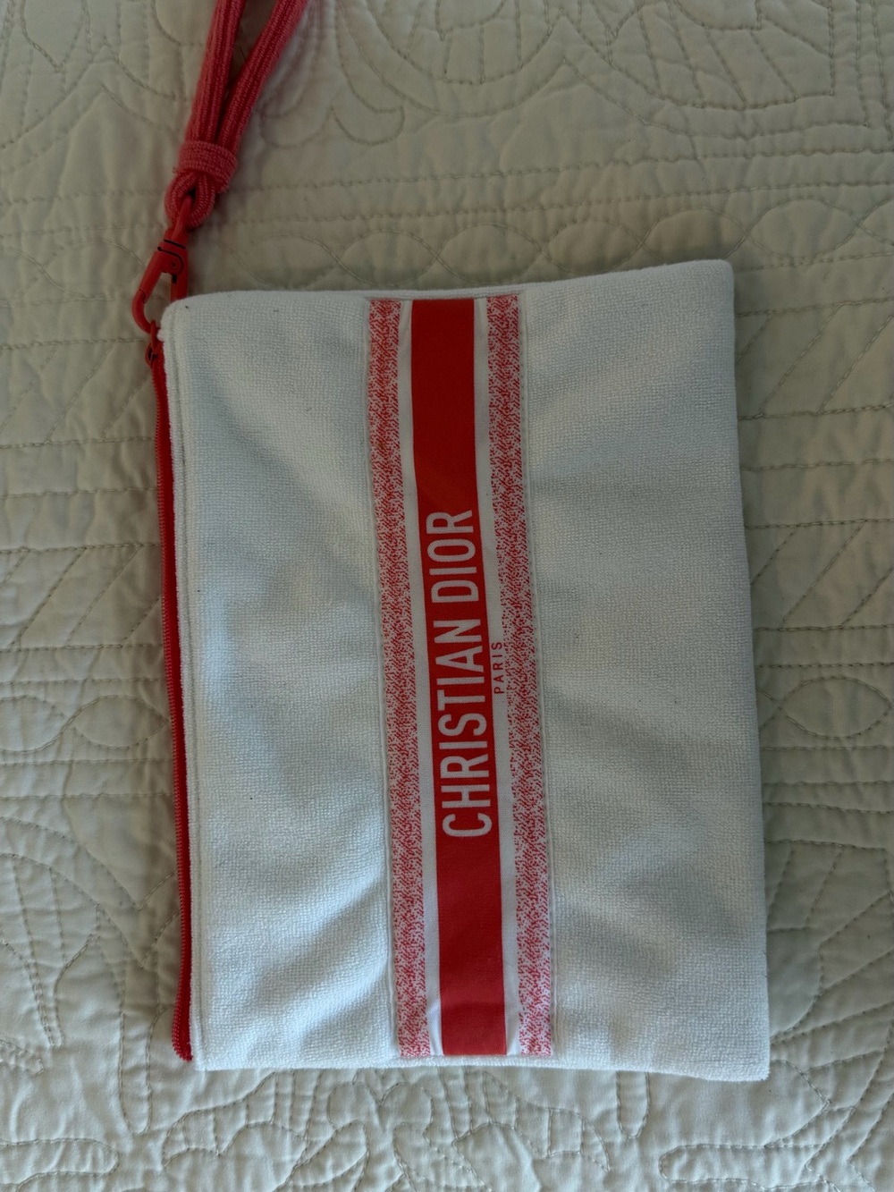 Dior White Canvas Wristlet with Red Center Stripe